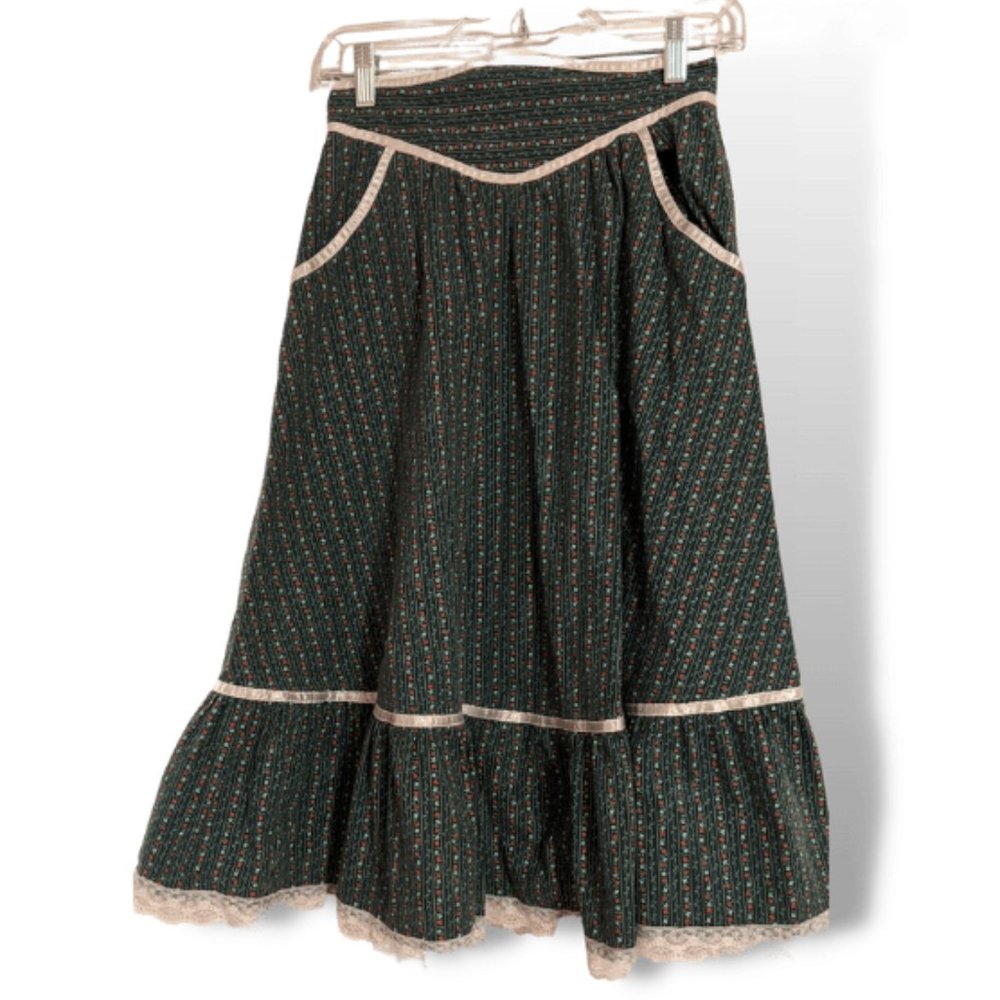 Gunne sax skirt vintage 70s, 80s, prairie, bohemian, deep green, Juniors 9, 26"